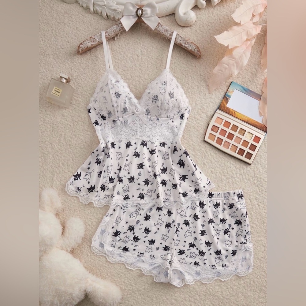 Cat Print Lace Sleepwear Set Lightweight Breathable Soft Jersey New Boutique - Picture 2 of 7